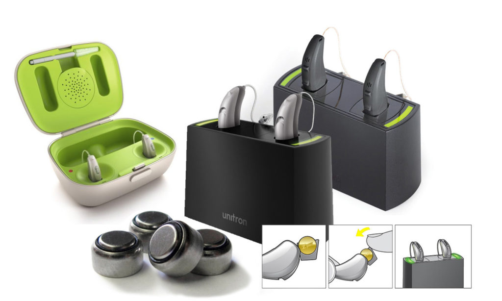 Rechargeable hearing aids, with rechargeable batteries, either fixed or removable.